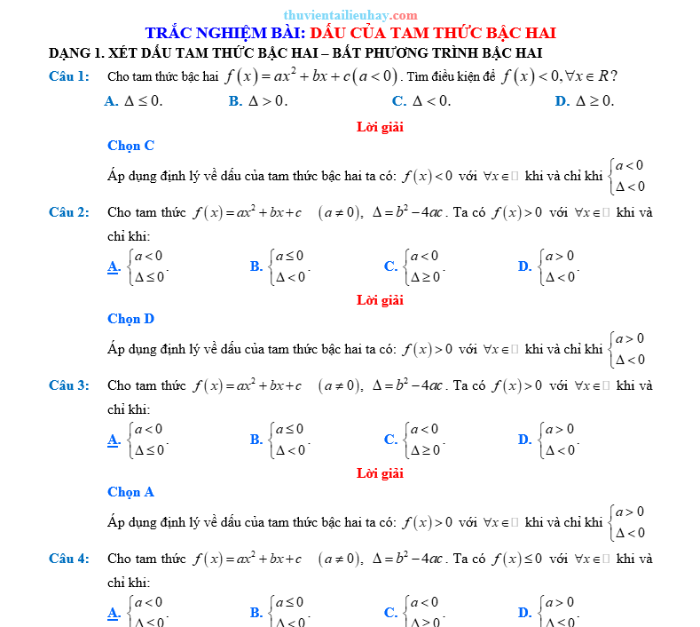 170 Câu Trắc Nghiệm Bài Dấu Của Tam Thức Bậc Hai