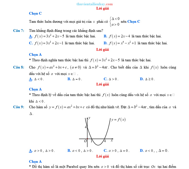 170 Câu Trắc Nghiệm Bài Dấu Của Tam Thức Bậc Hai