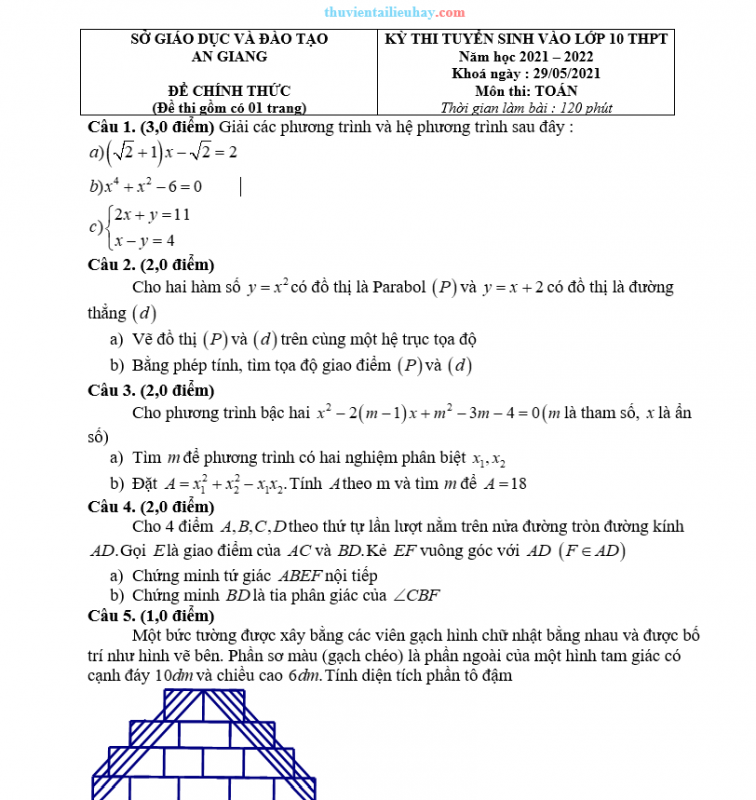 20 Đề Thi Tuyển Sinh 10 Môn Toán Toàn Quốc 2021-2022 Bộ 1