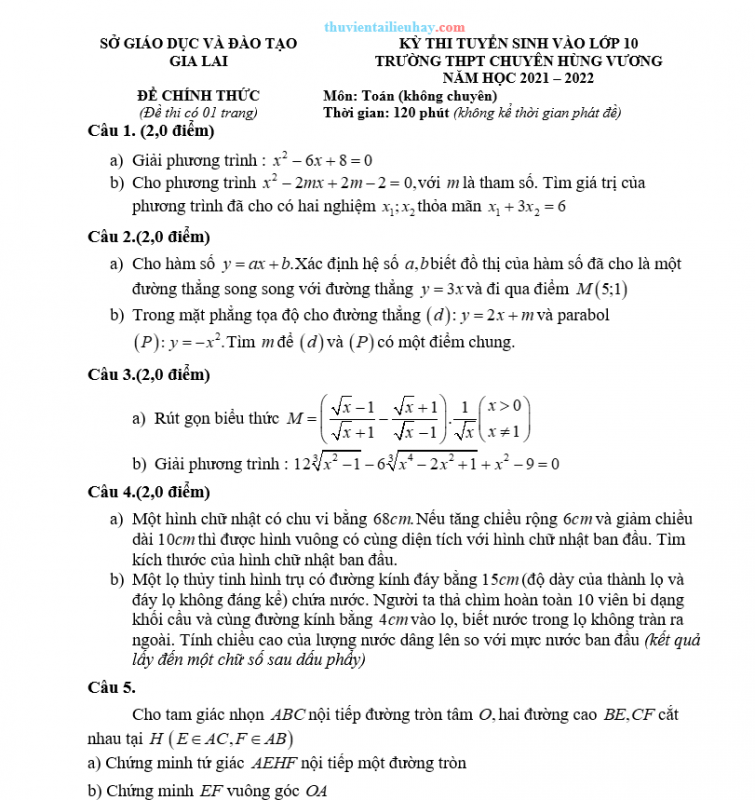 20 Đề Thi Tuyển Sinh 10 Môn Toán Toàn Quốc 2021-2022 Bộ 2