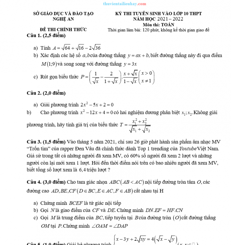20 Đề Thi Tuyển Sinh 10 Môn Toán Toàn Quốc 2021-2022 Bộ 3