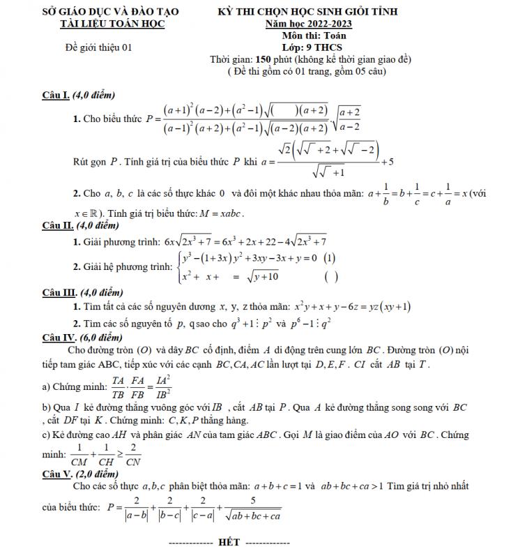 35 Đề Thi Học Sinh Giỏi Môn Toán Lớp 9 Cấp Tỉnh Năm 2023