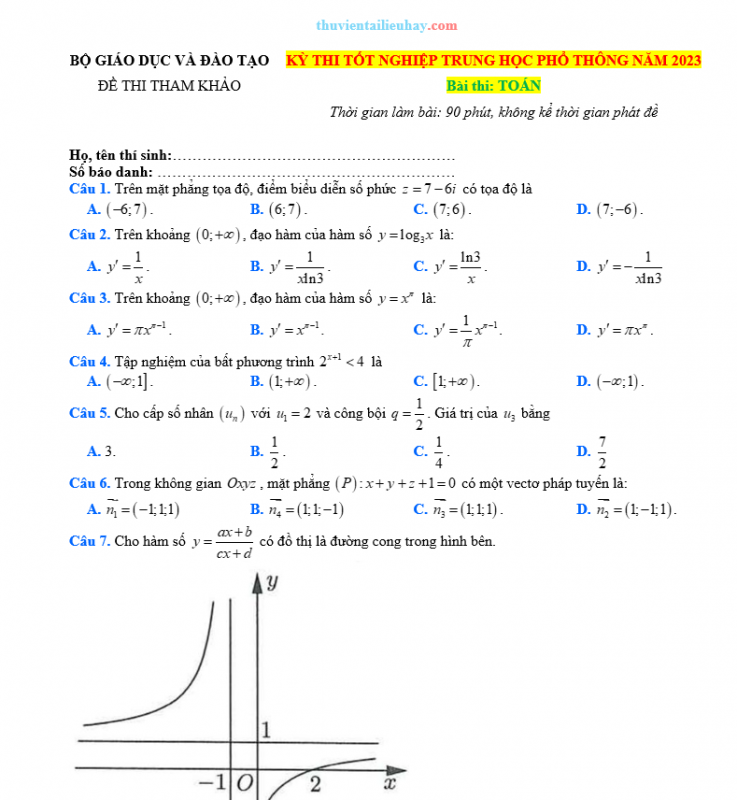 Đề Minh Họa Thi Tốt Nghiệp THPT Môn Toán 2023 Bộ GD&ĐT