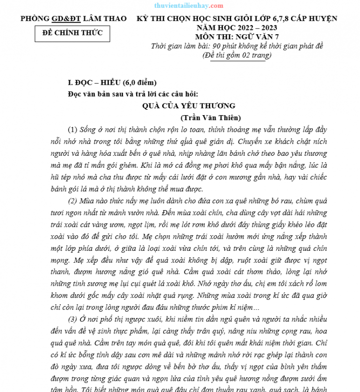 Đề Thi Chọn HSG Ngữ Văn 7 Huyện Lâm Thao 2022-2023