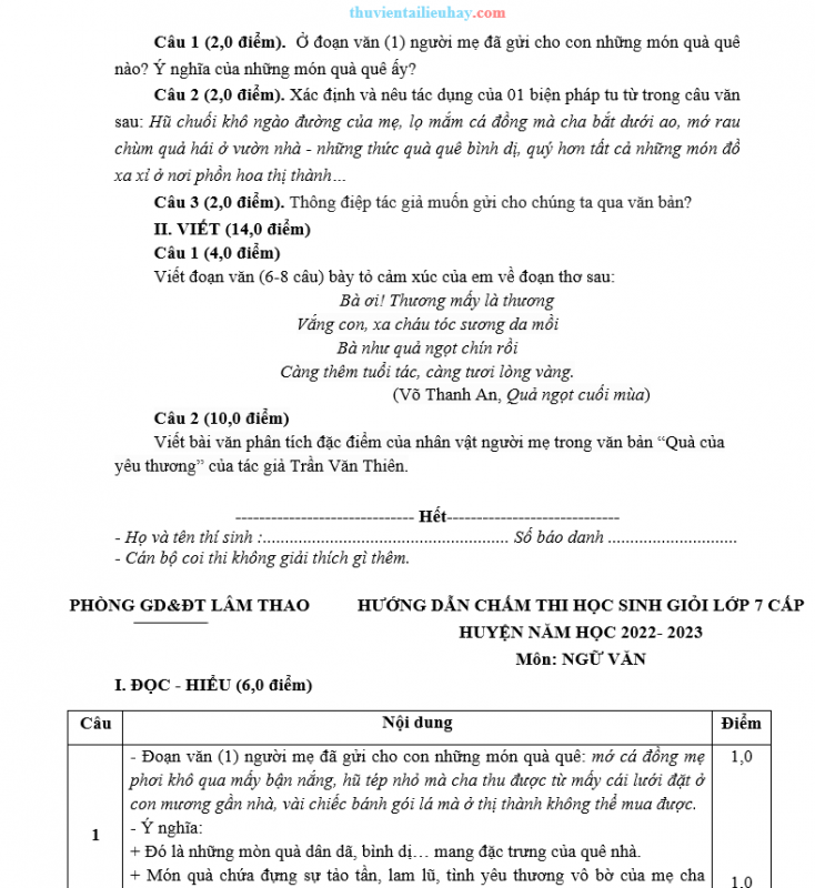 Đề Thi Chọn HSG Ngữ Văn 7 Huyện Lâm Thao 2022-2023