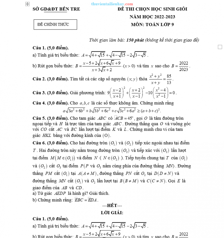 Đề Thi HSG Toán 9 Sở GD Bến Tre 2022-2023