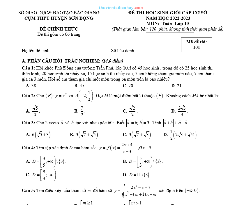 Đề Thi Học Sinh Giỏi Toán 10 Cụm Trường Sơn Động 2022-2023