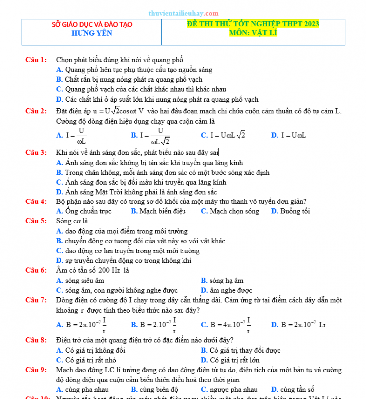 Đề Thi Thử Tốt Nghiệp 2023 Vật Lí Sở GD Hưng Yên