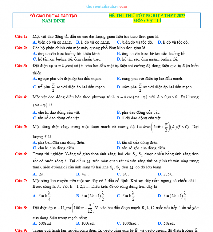 Đề Thi Thử TN THPT 2023 Vật Lí Sở GD Nam Định