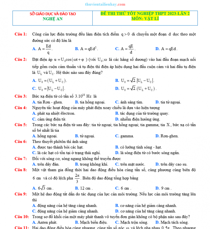 Đề Thi Thử THPT 2023 Môn Lý Sở GD Nghệ An Lần 2