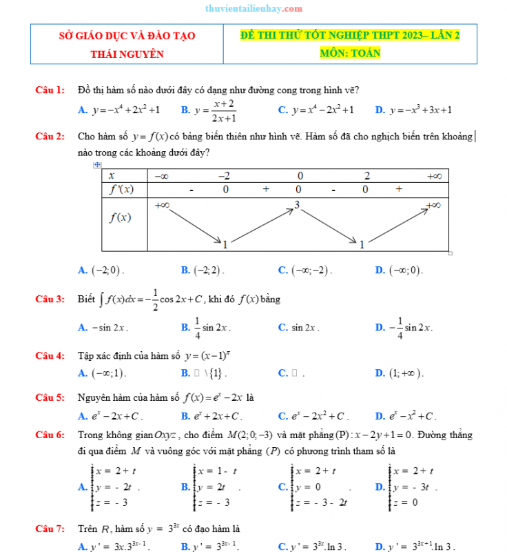 Đề Thi Thử Năm 2023 Môn Toán Sở GD Thái Nguyên Lần 2
