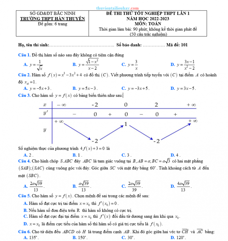 Đề Thi Thử Tốt Nghiệp 2023 Môn Toán THPT Hàn Thuyên Lần 1