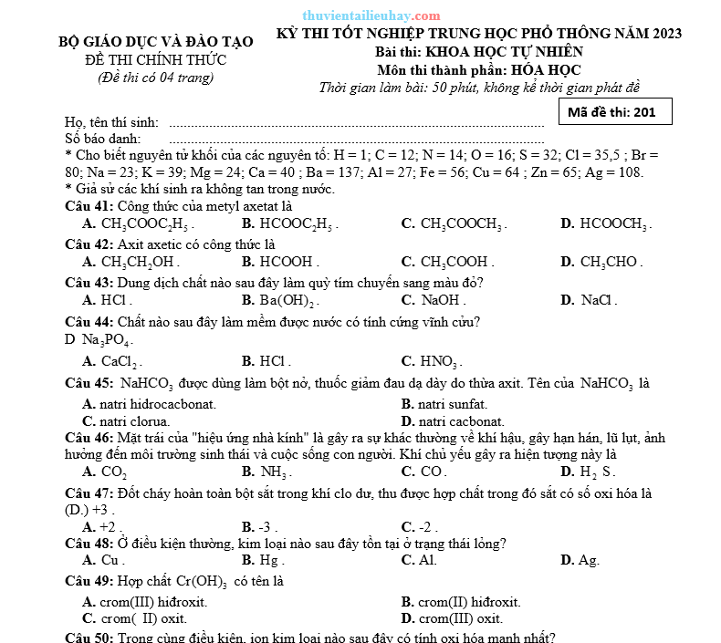 Đề Thi Tốt Nghiệp THPT Môn Hóa 2023