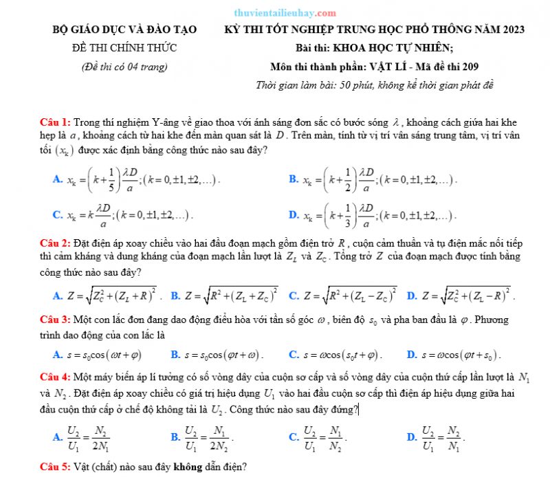 Đề Thi Tốt Nghiệp THPT Môn Vật Lí 2023 Có Đáp Án
