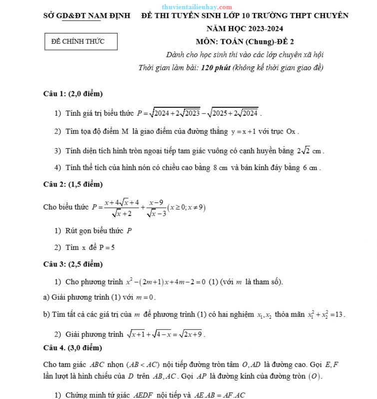 Đề Toán Chung Tuyển Sinh 10 Sở GD Nam Định 2023-2024