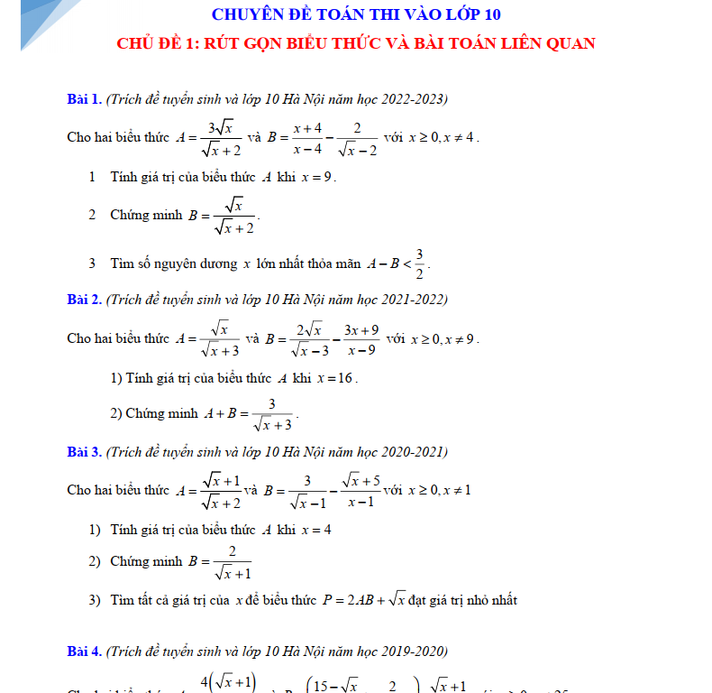 8 Chủ Đề Ôn Thi Vào Lớp 10 Môn Toán Hà Nội