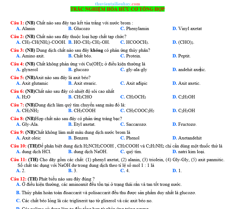 50 Câu Trắc Nghiệm Hữu Cơ Tổng Hợp Hóa 12 Theo Từng Mức Độ