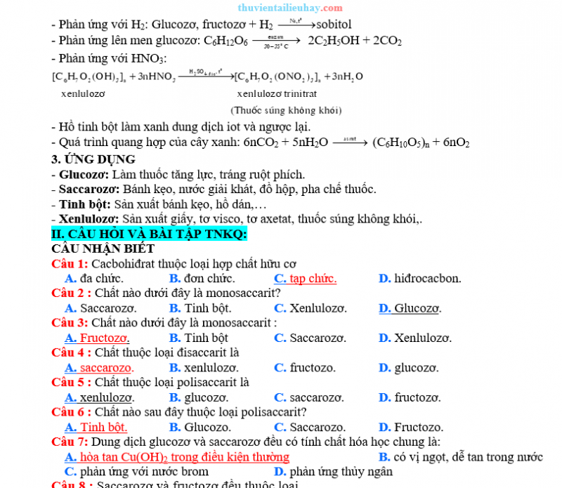 Các Dạng Bài Tập Trắc Nghiệm Cacbohidrat Hóa 12