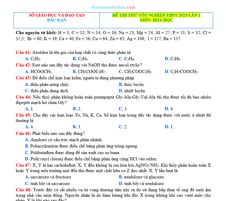Đề Thi Thử THPT 2023 Môn Hóa Sở GD Bắc Kạn Lần 1