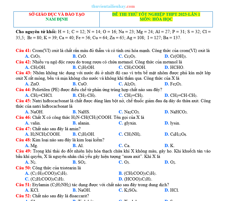 Đề Thi Thử THPT Môn Hóa 2023 Sở GD Nam Định Lần 1