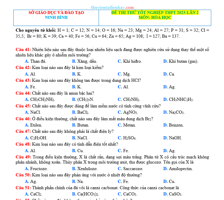 Đề Thi Thử TN THPT 2023 Môn Hóa Sở GD Ninh Bình Lần 2