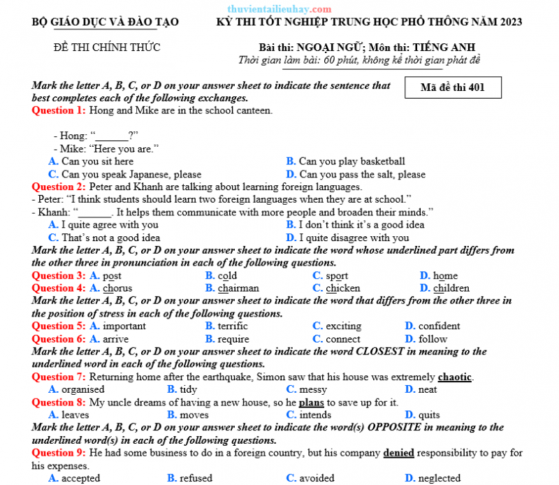 Đề Thi Tốt Nghiệp THPT Tiếng Anh 2023 Có Đáp Án
