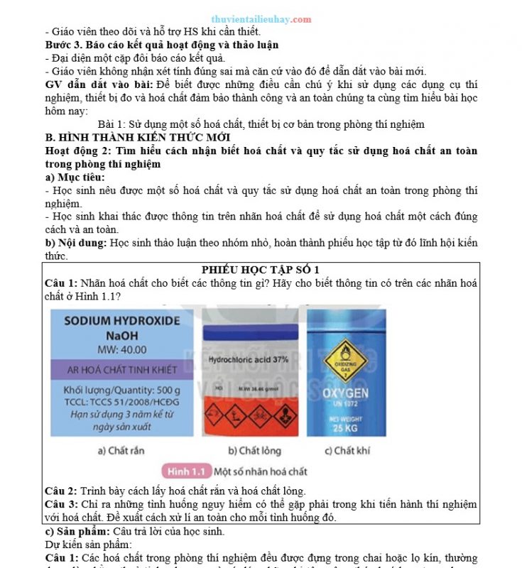 Giáo Án KHTN 8 Kết Nối Tri Thức Bài 1 Sử Dụng Một Số Hoá Chất, Thiết Bị Cơ Bản Trong Phòng Thí Nghiệm