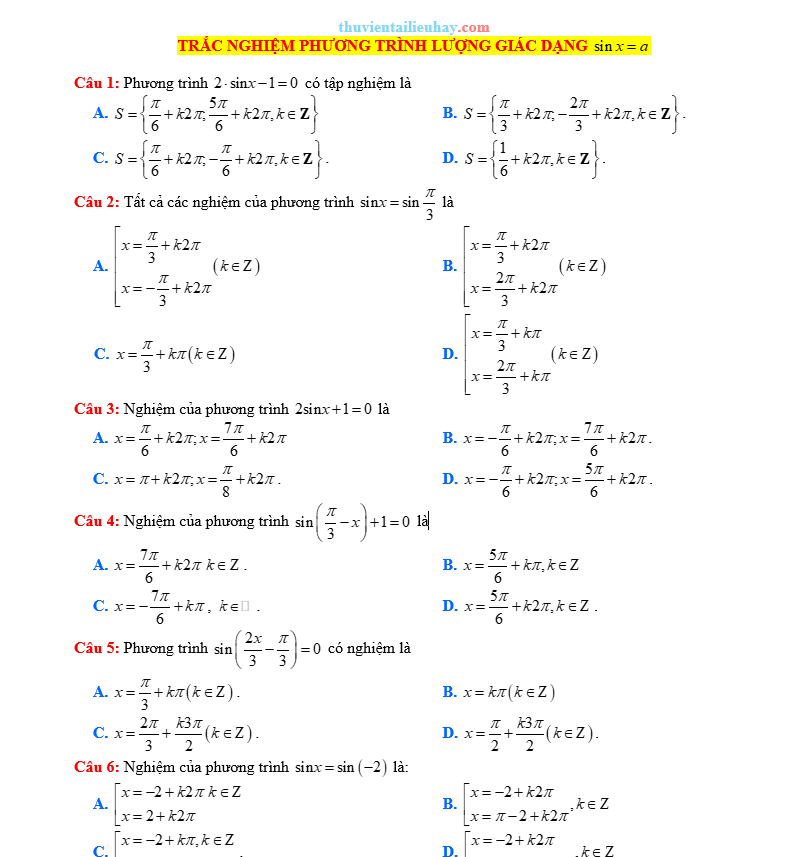 Trắc Nghiệm Phương Trình Lượng Giác Cơ Bản Dạng sinx=a