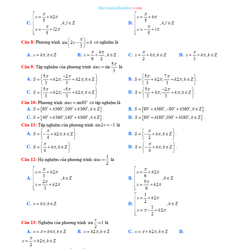 Trắc Nghiệm Phương Trình Lượng Giác Cơ Bản Dạng sinx=a