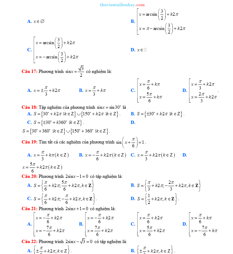 Trắc Nghiệm Phương Trình Lượng Giác Cơ Bản Dạng sinx=a
