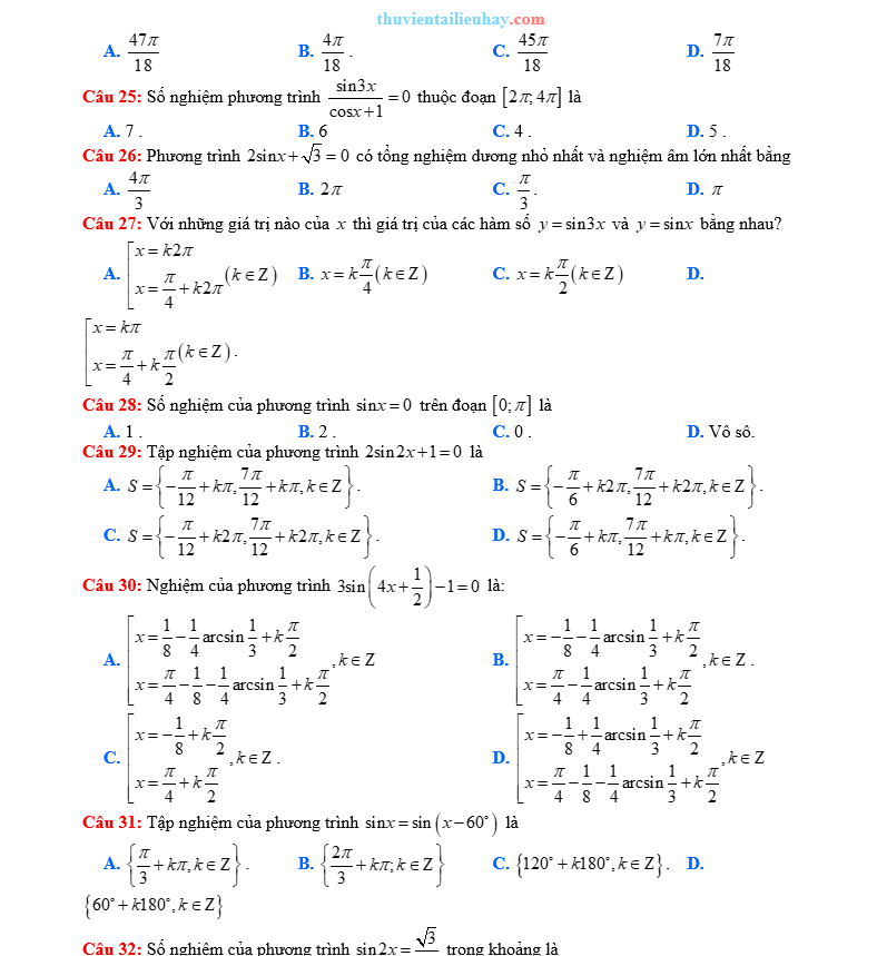 Trắc Nghiệm Phương Trình Lượng Giác Cơ Bản Dạng sinx=a