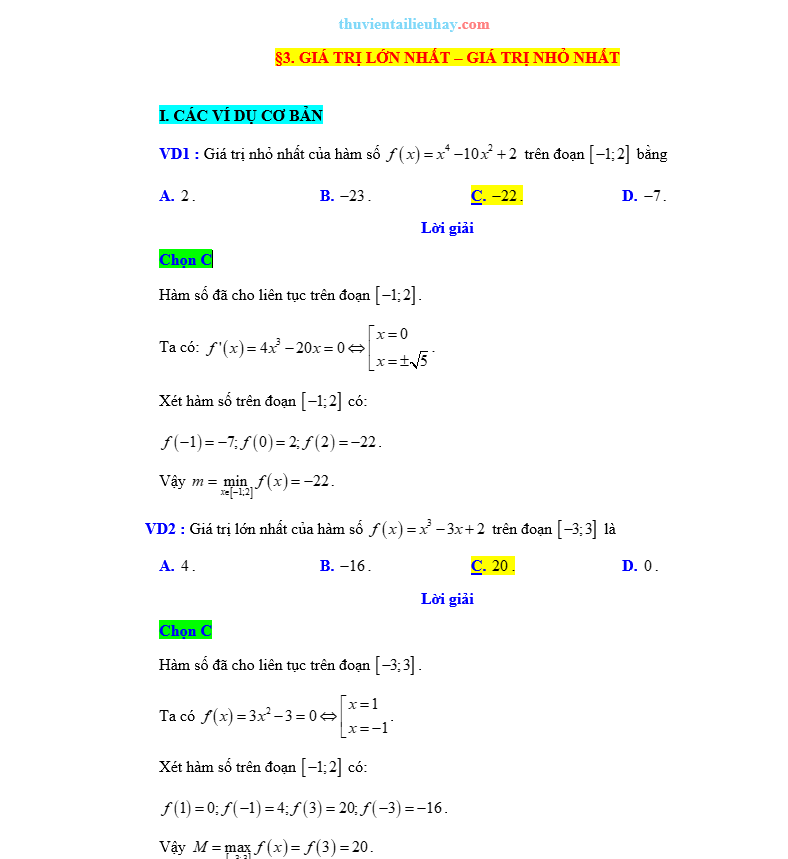 Trắc Nghiệm GTLN VÀ GTNN Của Hàm Số Theo Từng Mức Độ