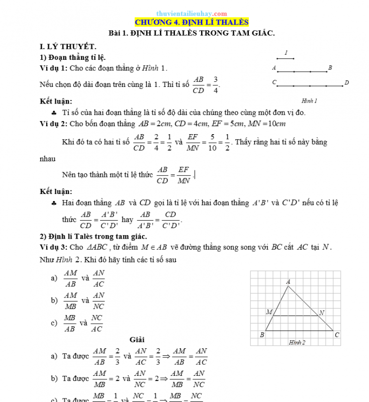 Bài Tập Cơ Bản Toán 8 Chương 4 Định Lí Thalès Có Đáp Án Chi Tiết