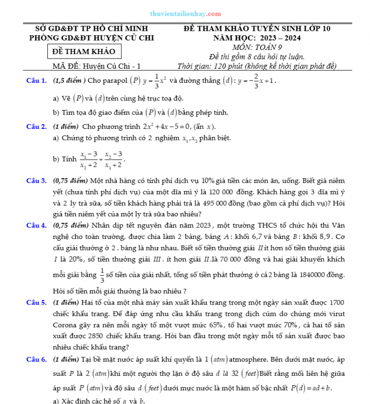 Bộ Đề Môn Toán Tuyển Sinh Lớp 10 Huyện Củ Chi TPHCM 2023-2024