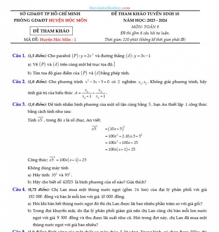 Bộ Đề Môn Toán Tuyển Sinh Lớp 10 Huyện Hóc Môn TPHCM 2023-2024