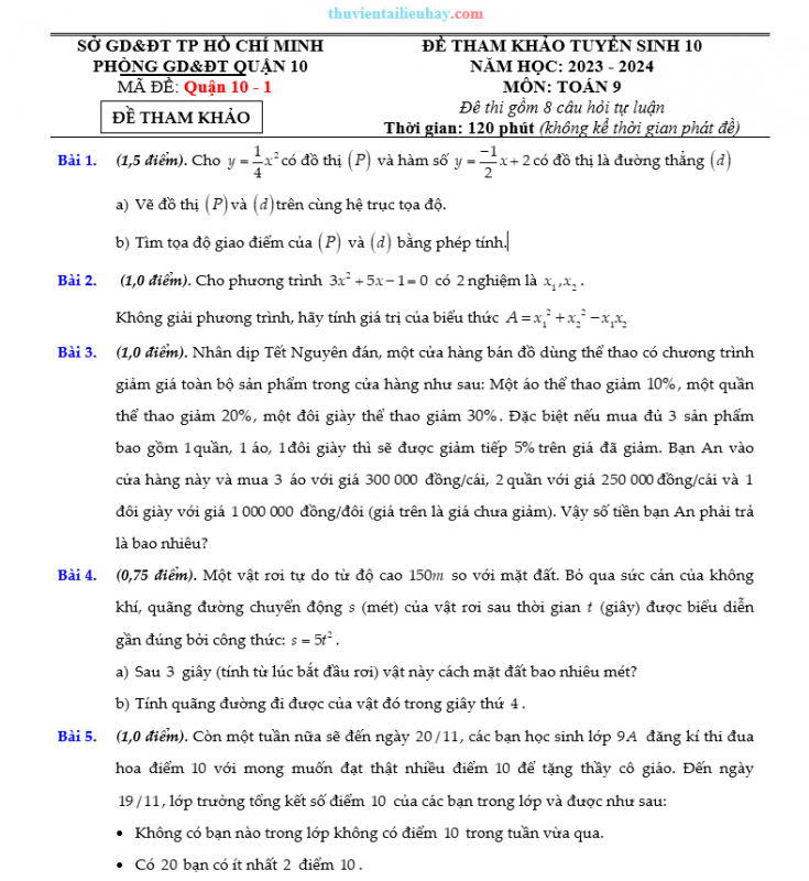 Bộ Đề Môn Toán Tuyển Sinh Lớp 10 Quận 10 TPHCM 2023-2024