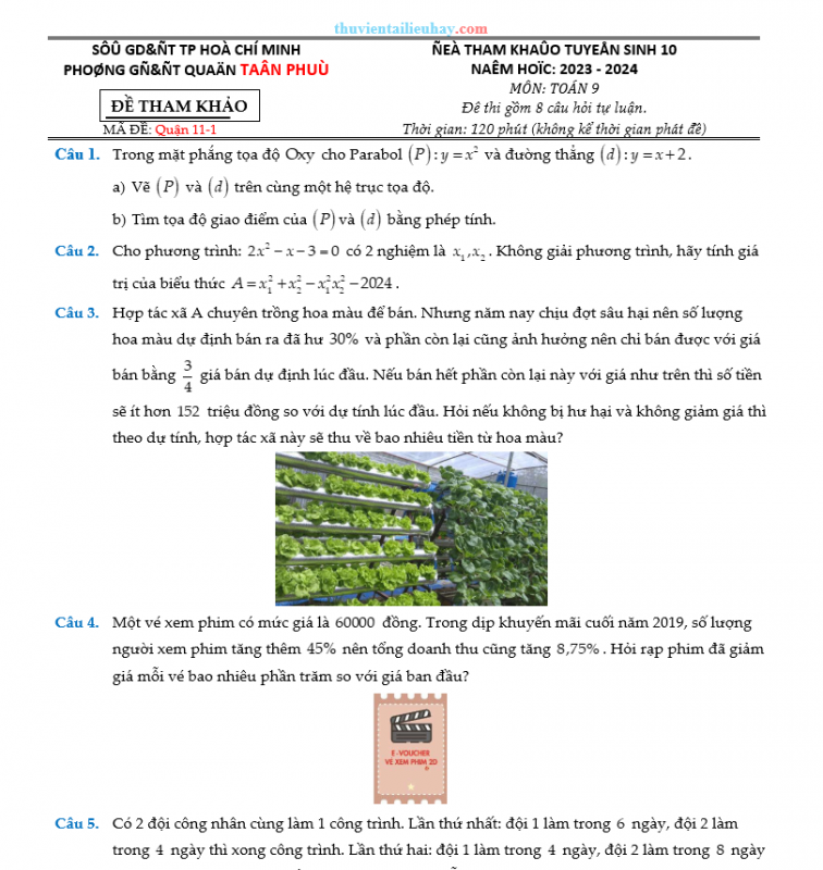Bộ Đề Môn Toán Tuyển Sinh Lớp 10 Quận 11 TPHCM 2023-2024