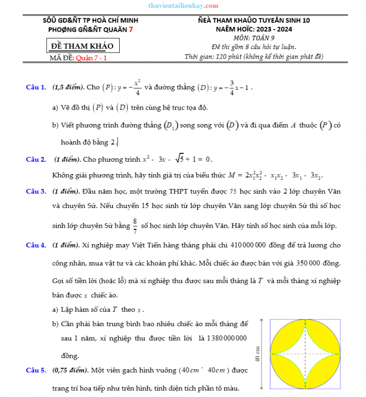 Bộ Đề Môn Toán Tuyển Sinh Lớp 10 Quận 7 TPHCM 2023-2024
