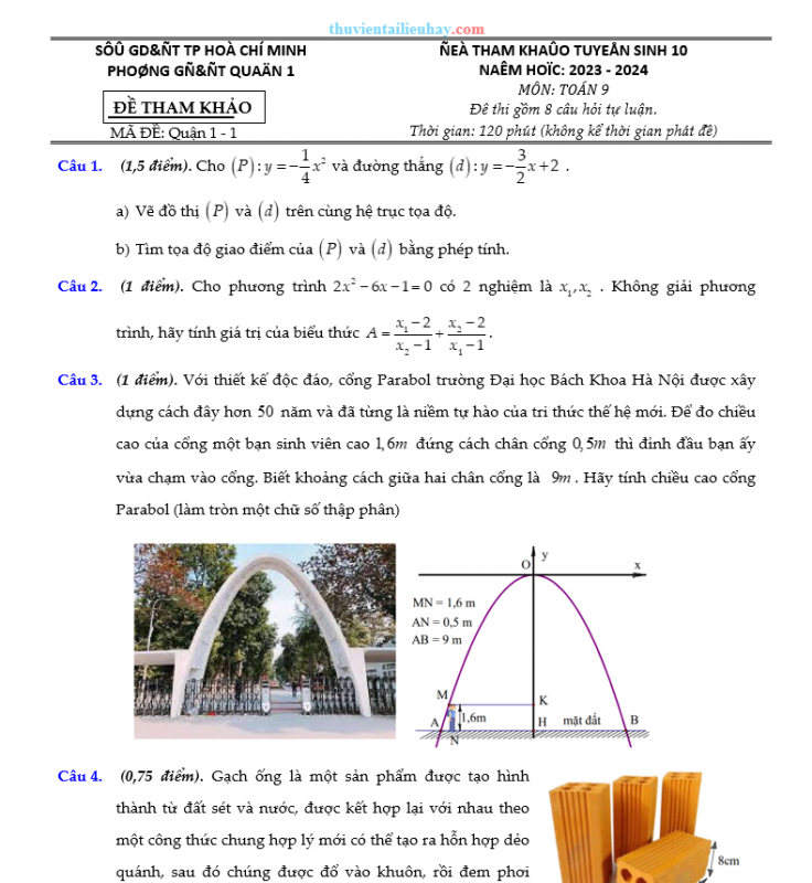 Bộ Đề Tuyển Sinh Vào Lớp 10 Môn Toán Quận 1 TP HCM 2023-2024