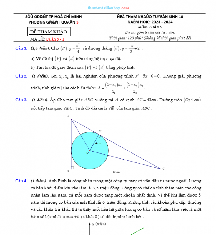 Bộ Đề Toán Tuyển Sinh Vào Lớp 10 Quận 5 TP HCM 2023-2024