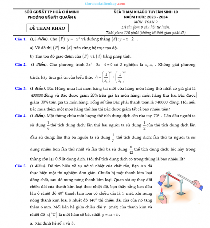 Bộ Đề Môn Toán Tuyển Sinh Lớp 10 Quận 6 TPHCM 2023-2024