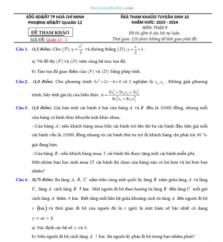 Bộ Đề Môn Toán Tuyển Sinh Lớp 10 Quận 12 TPHCM 2023-2024