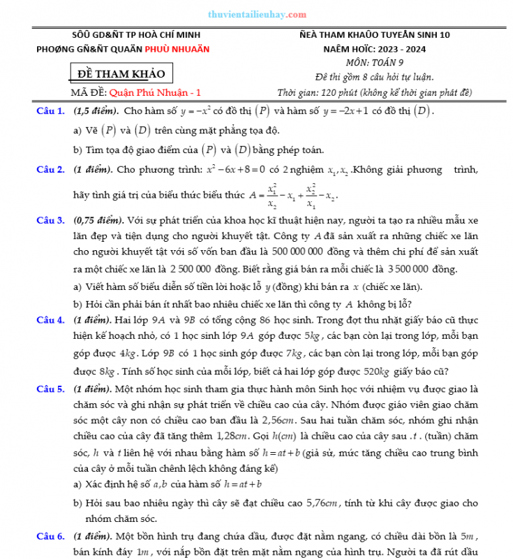 Bộ Đề Môn Toán Tuyển Sinh Lớp 10 Quận Phú Nhuận TPHCM 2023-2024