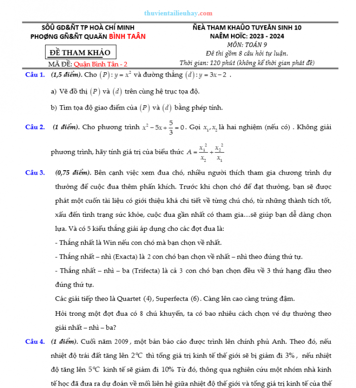 Bộ Đề Môn Toán Tuyển Sinh Lớp 10 Quận Tân Bình TPHCM 2023-2024