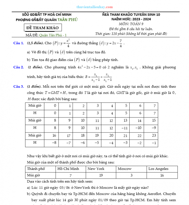 Bộ Đề Môn Toán Tuyển Sinh Lớp 10 Quận Tân Phú TPHCM 2023-2024