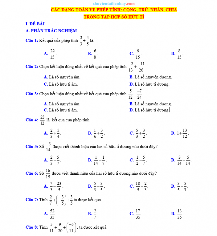 Các Dạng Toán Về Phép Tính Cộng Trừ Nhân Chia Trong Tập Hợp Số Hữu Tỉ Lớp 7