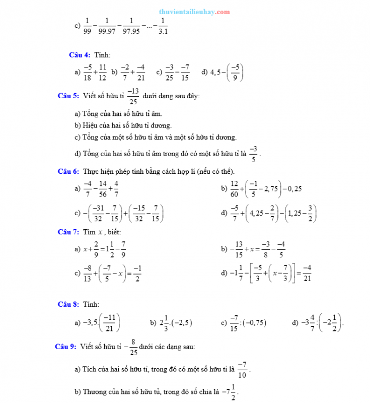 Các Dạng Toán Về Phép Tính Cộng Trừ Nhân Chia Trong Tập Hợp Số Hữu Tỉ Lớp 7