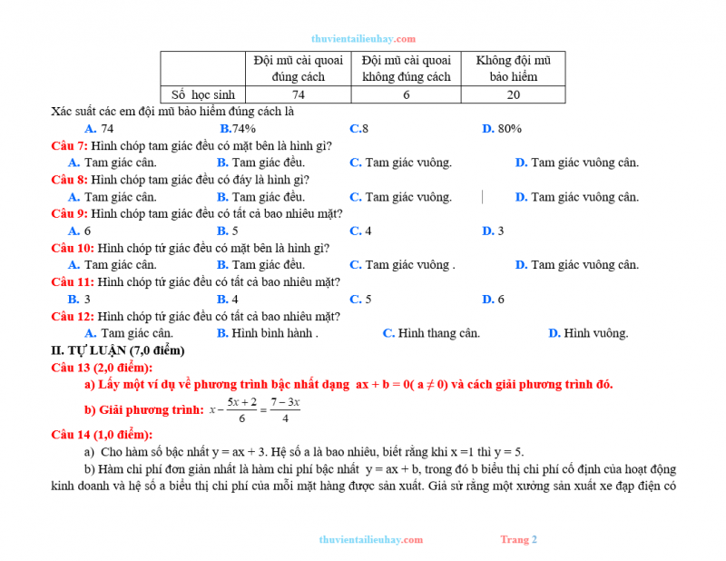 Đề Thi Học Kỳ 2 Toán 8 CTST Có Đáp Án Ma Trận Đặc Tả