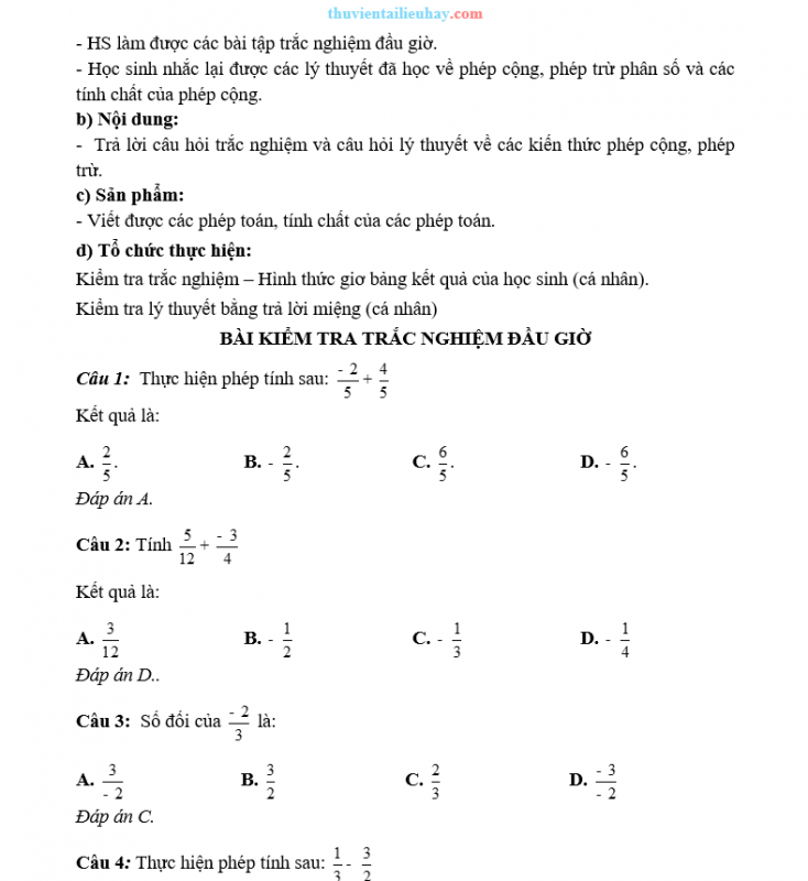 Giáo Án Dạy Thêm Toán 6 Phép Cộng Và Phép Trừ Phân Số