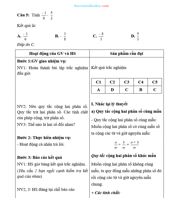 Giáo Án Dạy Thêm Toán 6 Phép Cộng Và Phép Trừ Phân Số